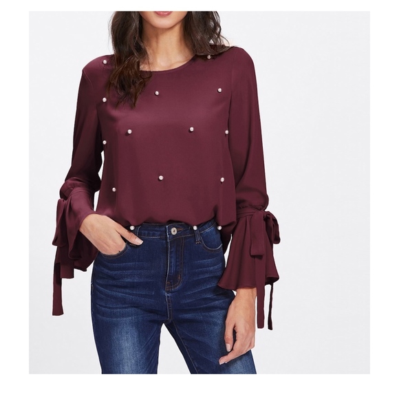 MBM Unlimited Tops - Burgundy Red Bow Sleeve Pearl Embellished Blouse